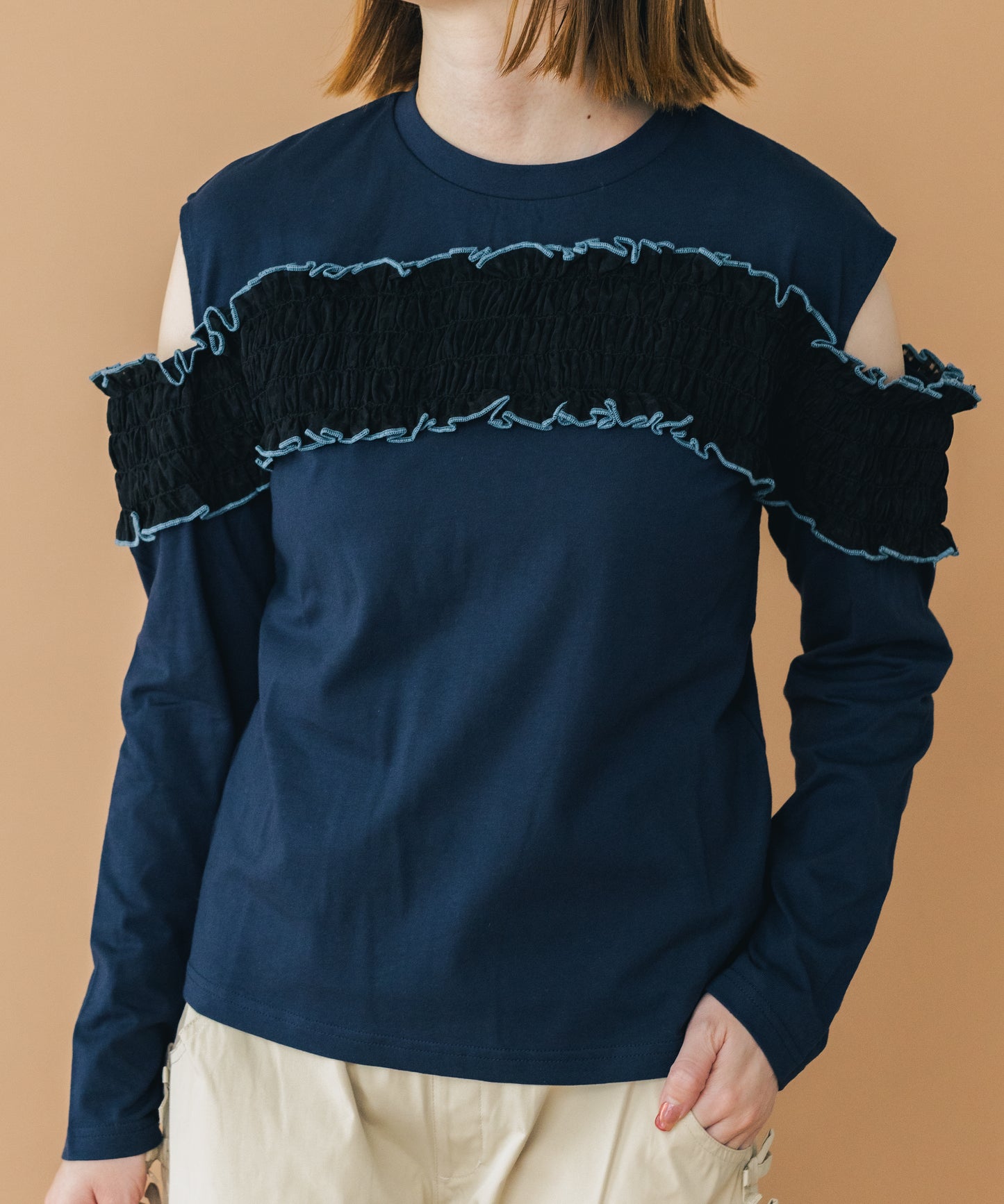 ウェーブシャーリングオフショルダーT ladies
