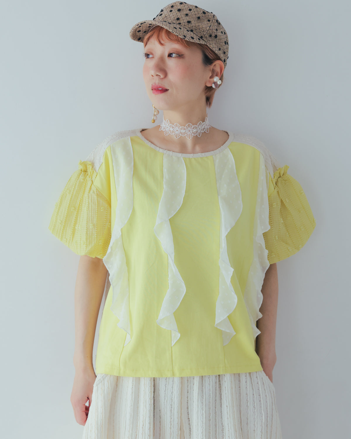 ドットフリル異素材バルーンスリーブT  ladies  [251-1409-2]