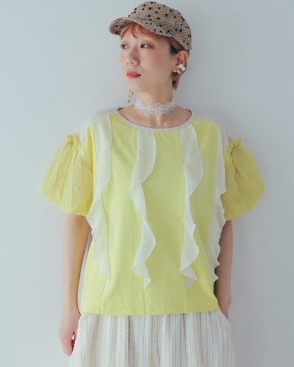 ドットフリル異素材バルーンスリーブT  ladies  [251-1409-2]