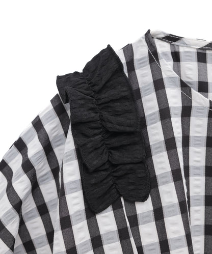 チェックドルマンスリーブフリルブラウス　 [243-0602-1]