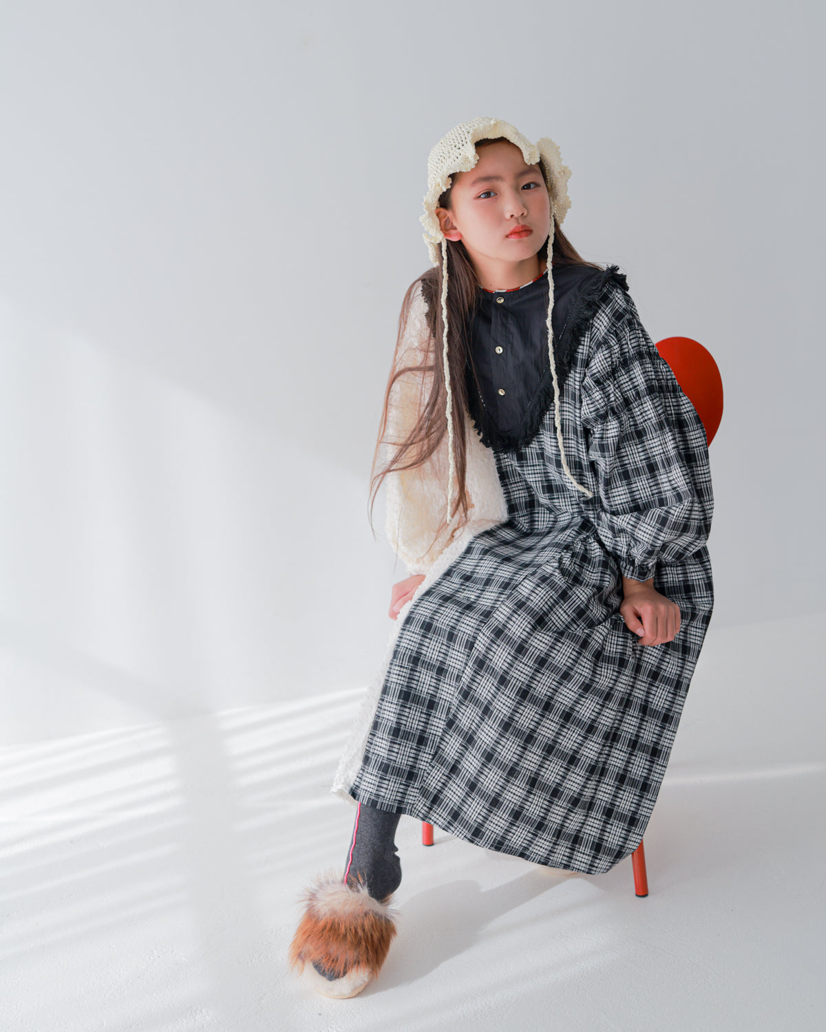 2ピースモノトーンチェック柄ワンピース  [352-0104-1]