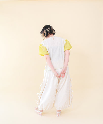 ドットフリル異素材バルーンスリーブT  ladies  [251-1409-2]