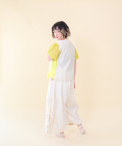 ドットフリル異素材バルーンスリーブT  ladies  [251-1409-2]