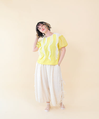 ドットフリル異素材バルーンスリーブT  ladies  [251-1409-2]