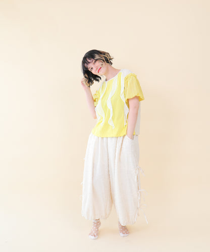 ドットフリル異素材バルーンスリーブT  ladies  [251-1409-2]