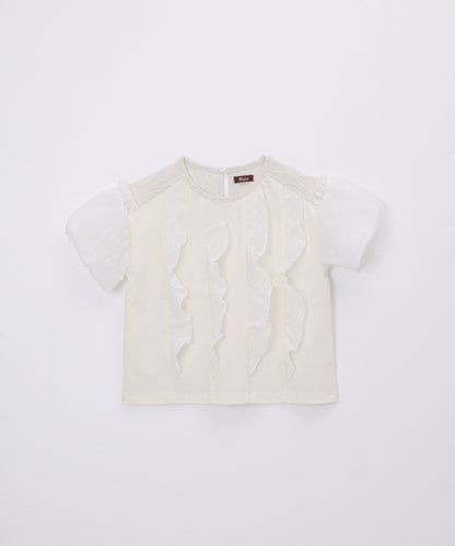 ドットフリル異素材バルーンスリーブT  ladies  [251-1409-2]