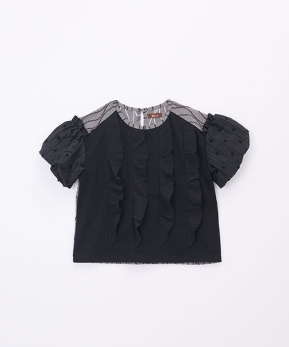ドットフリル異素材バルーンスリーブT  ladies  [251-1409-2]