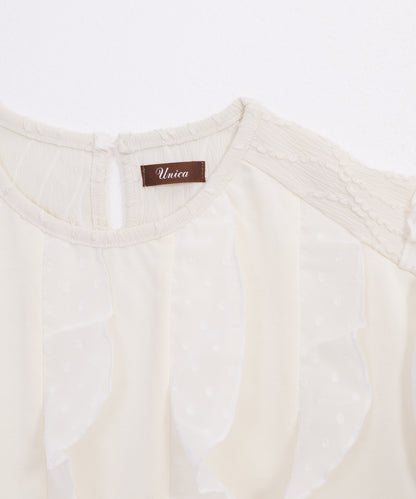 ドットフリル異素材バルーンスリーブT  ladies  [251-1409-2]