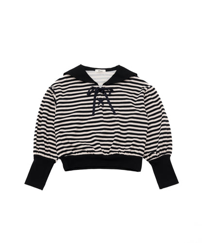 ボーダーセーラーカラーアームウォーマー風カットソー  ladies [243-1504-2]