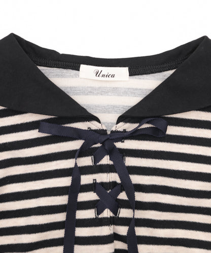 ボーダーセーラーカラーアームウォーマー風カットソー  ladies [243-1504-2]