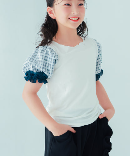 シャーリングチェックパフスリーブTシャツ　　[241-1507-1]