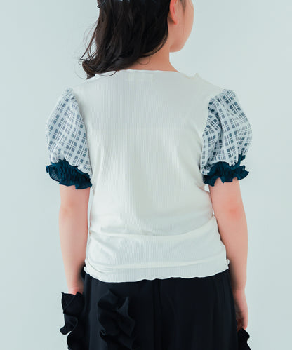 シャーリングチェックパフスリーブTシャツ　　[241-1507-1]
