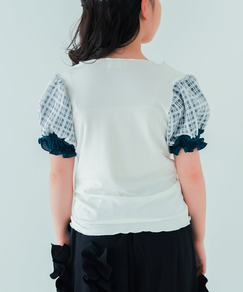 シャーリングチェックパフスリーブTシャツ　　[241-1507-1]