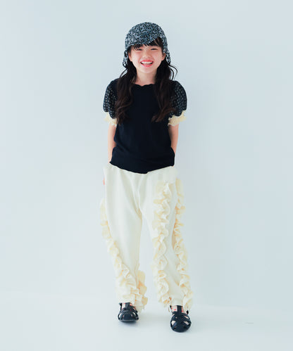 シャーリングチェックパフスリーブTシャツ　　[241-1507-1]
