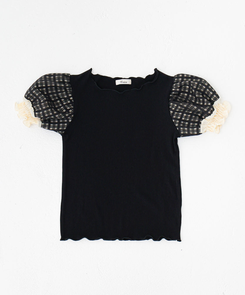 シャーリングチェックパフスリーブTシャツ　　[241-1507-1]