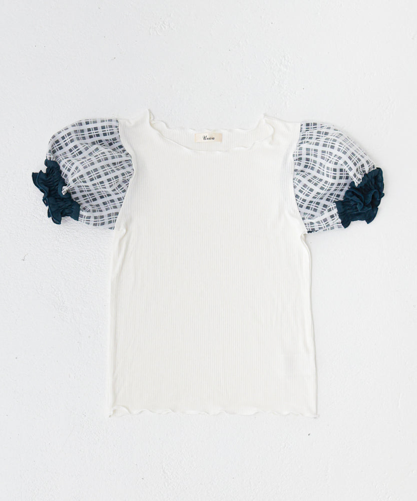 シャーリングチェックパフスリーブTシャツ　　[241-1507-1]
