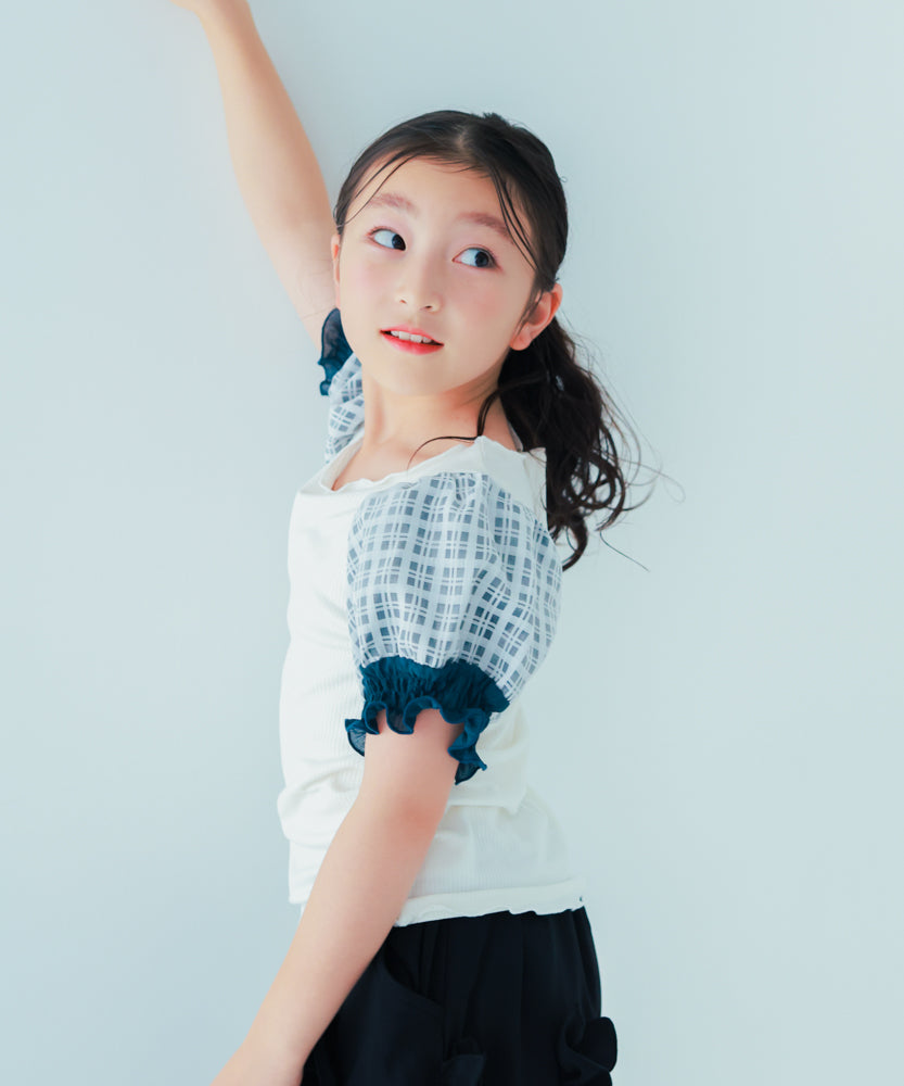 シャーリングチェックパフスリーブTシャツ　　[241-1507-1]