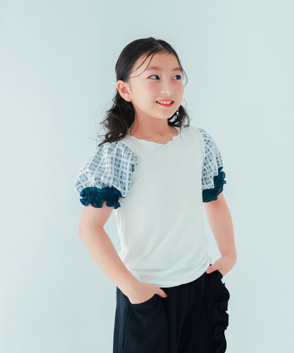 シャーリングチェックパフスリーブTシャツ　　[241-1507-1]