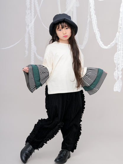 ストライプフリルスリーブTシャツ　 [243-1511-1]