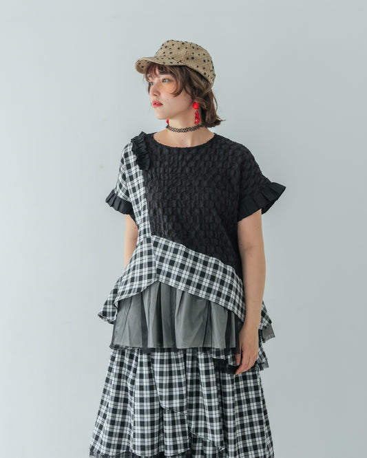 チェックヘムプリーツレイヤードブラウス [ 162-0605-2]