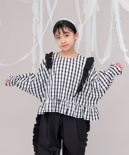 チェックドルマンスリーブフリルブラウス　 [243-0602-1]