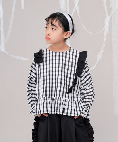 チェックドルマンスリーブフリルブラウス　 [243-0602-1]