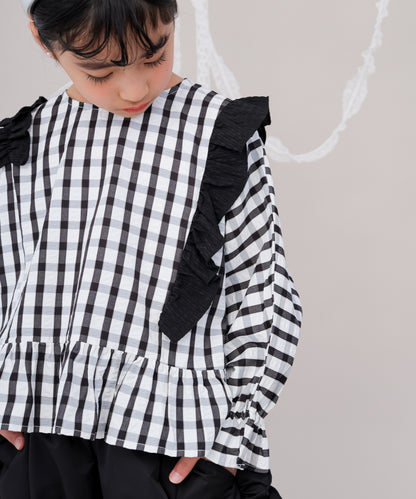 チェックドルマンスリーブフリルブラウス　 [243-0602-1]