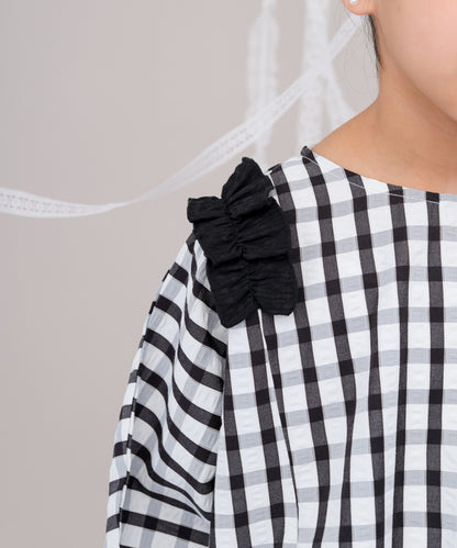 チェックドルマンスリーブフリルブラウス　 [243-0602-1]
