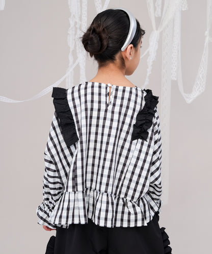 チェックドルマンスリーブフリルブラウス　 [243-0602-1]