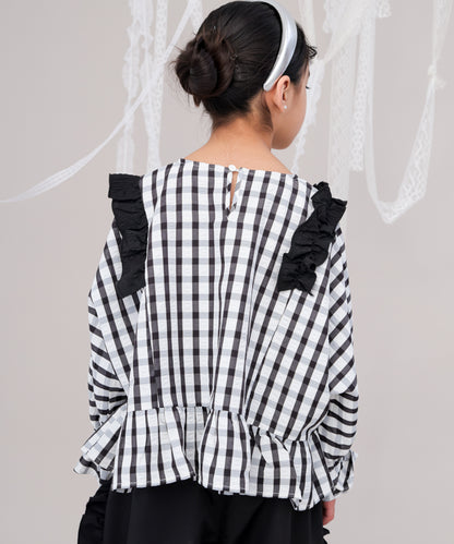 チェックドルマンスリーブフリルブラウス　 [243-0602-1]