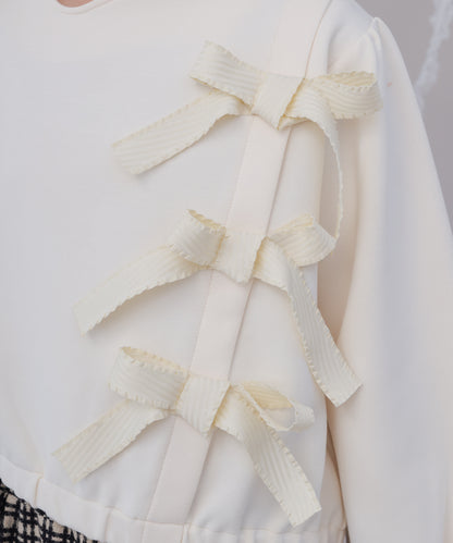 アシメサイドリボン付きダンボールニットカットソー　[243-0702-1]