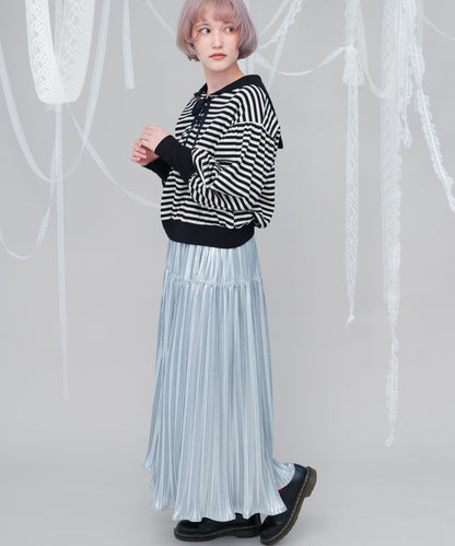 ボーダーセーラーカラーアームウォーマー風カットソー  ladies [243-1504-2]