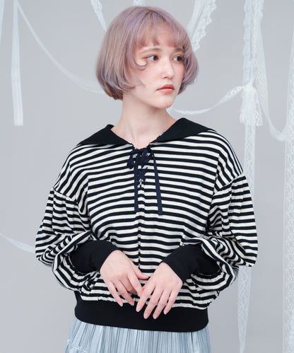 ボーダーセーラーカラーアームウォーマー風カットソー  ladies [243-1504-2]