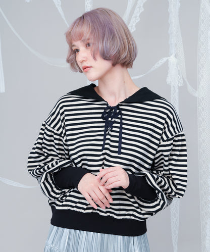 ボーダーセーラーカラーアームウォーマー風カットソー  ladies [243-1504-2]