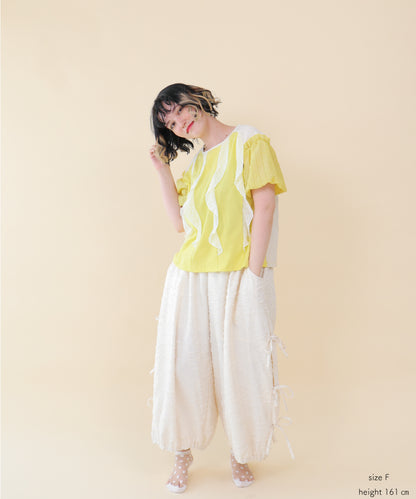 ドットフリル異素材バルーンスリーブT  ladies  [251-1409-2]