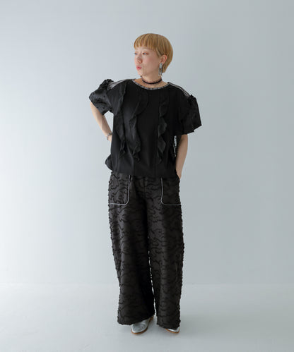 ドットフリル異素材バルーンスリーブT  ladies  [251-1409-2]