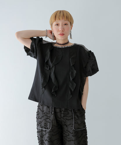 ドットフリル異素材バルーンスリーブT  ladies  [251-1409-2]
