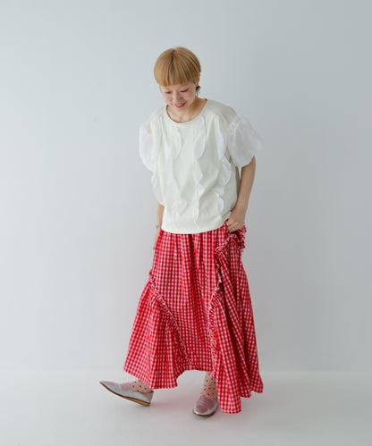 ドットフリル異素材バルーンスリーブT  ladies  [251-1409-2]