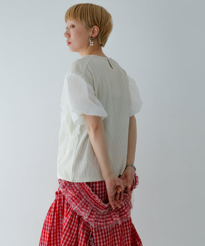 ドットフリル異素材バルーンスリーブT  ladies  [251-1409-2]