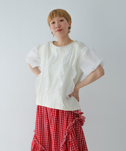 ドットフリル異素材バルーンスリーブT  ladies  [251-1409-2]