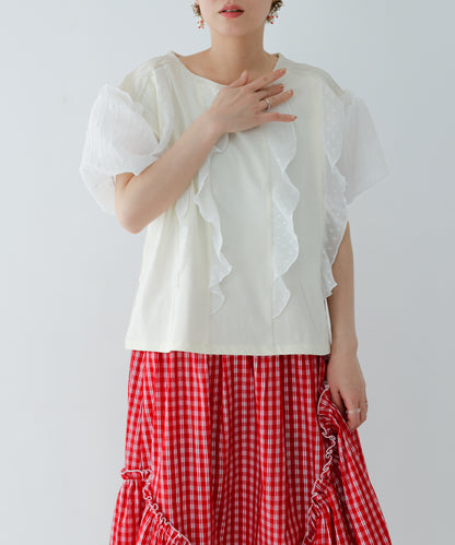 ドットフリル異素材バルーンスリーブT  ladies  [251-1409-2]