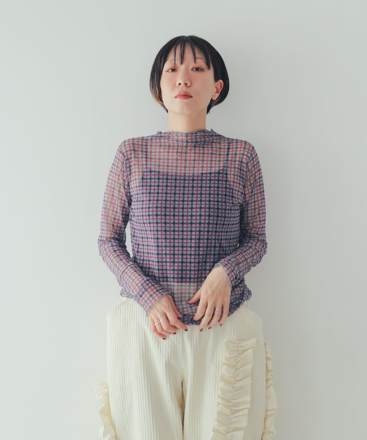 チェック柄シアーカットソー  ladies  [352-1401-2]