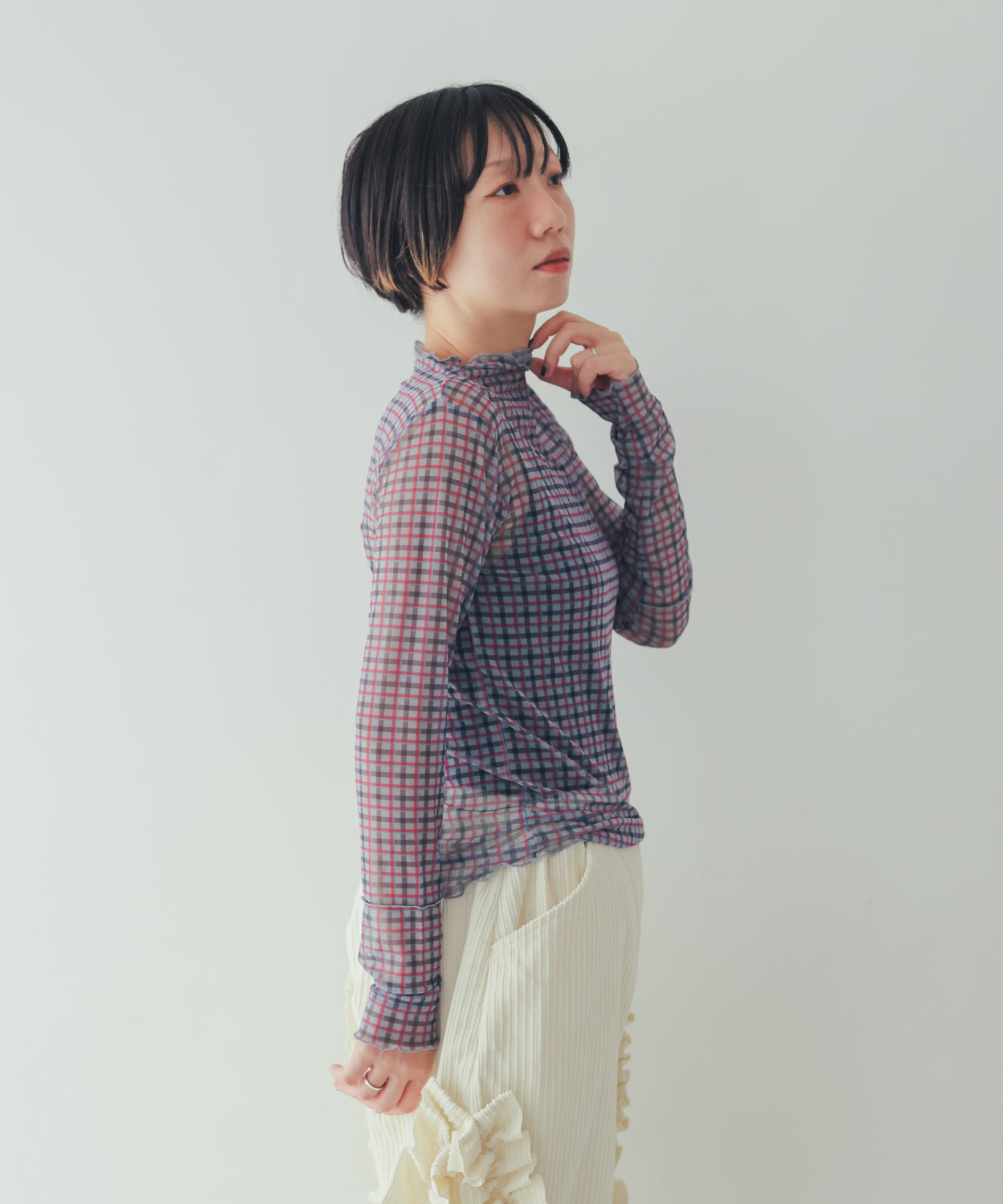 チェック柄シアーカットソー  ladies  [352-1401-2]