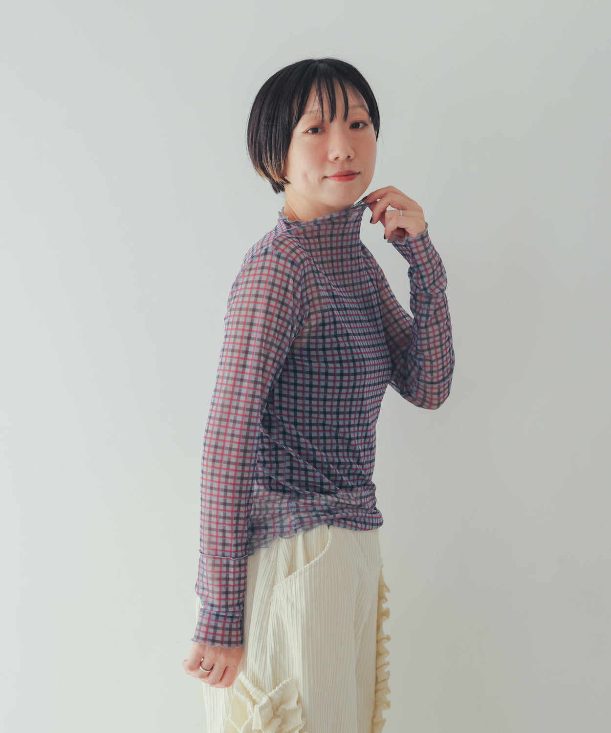 チェック柄シアーカットソー  ladies  [352-1401-2]