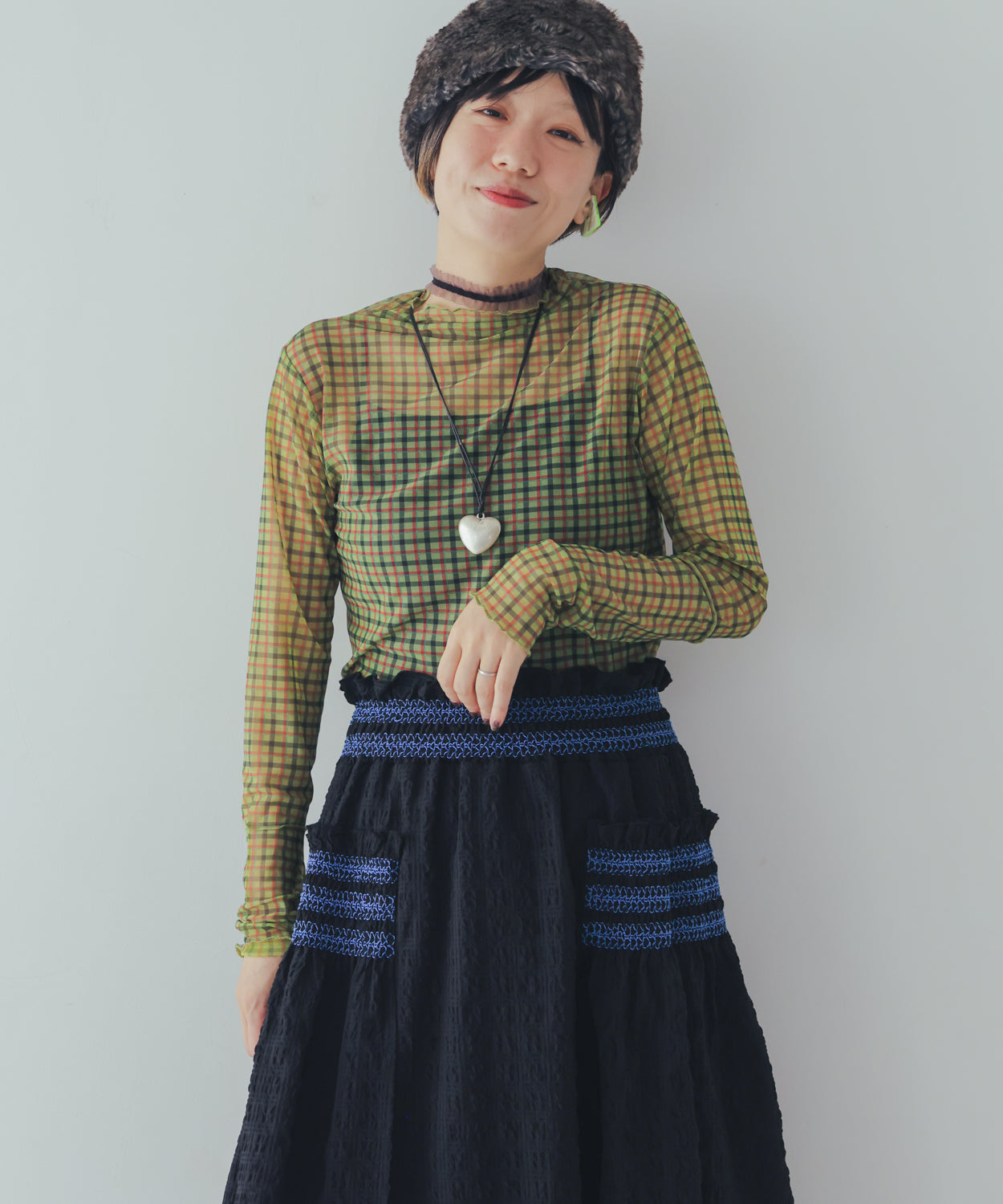 チェック柄シアーカットソー  ladies  [352-1401-2]