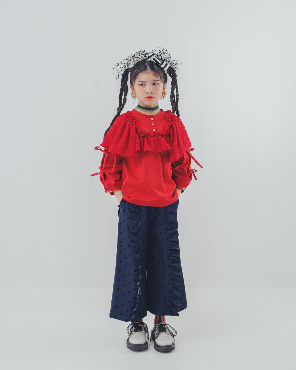 フロッキードットフリルワイドパンツ     [352-0903-1]