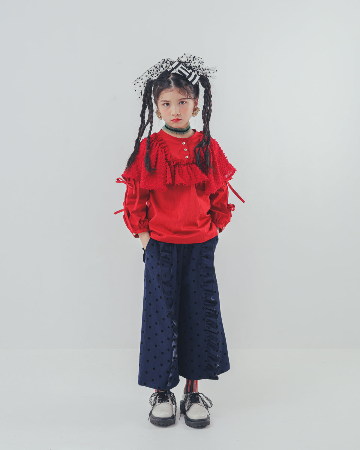 フロッキードットフリルワイドパンツ     [352-0903-1]