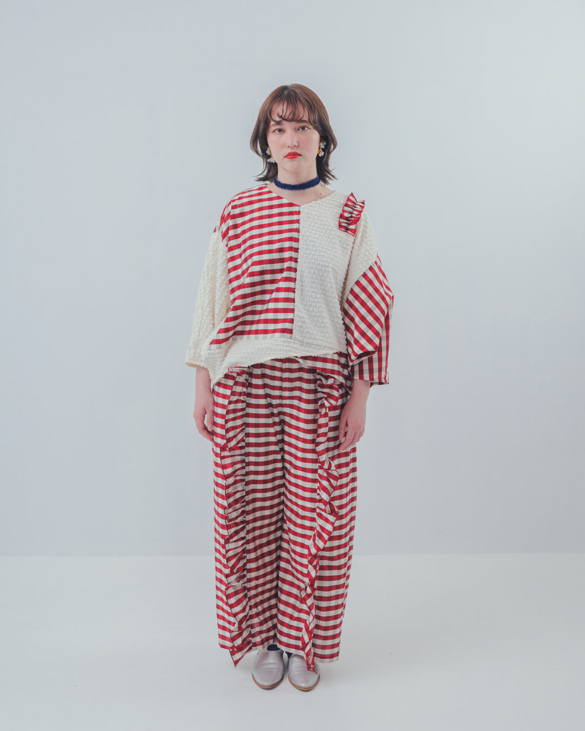 ブロックチェックフリンジドルマンブラウス  ladies  [352-0605-2]