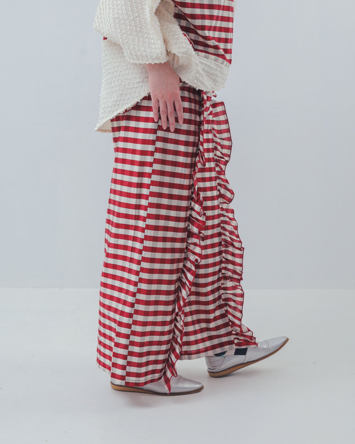 ブロックチェックフリルワイドパンツ  ladies  [352-0901-2]