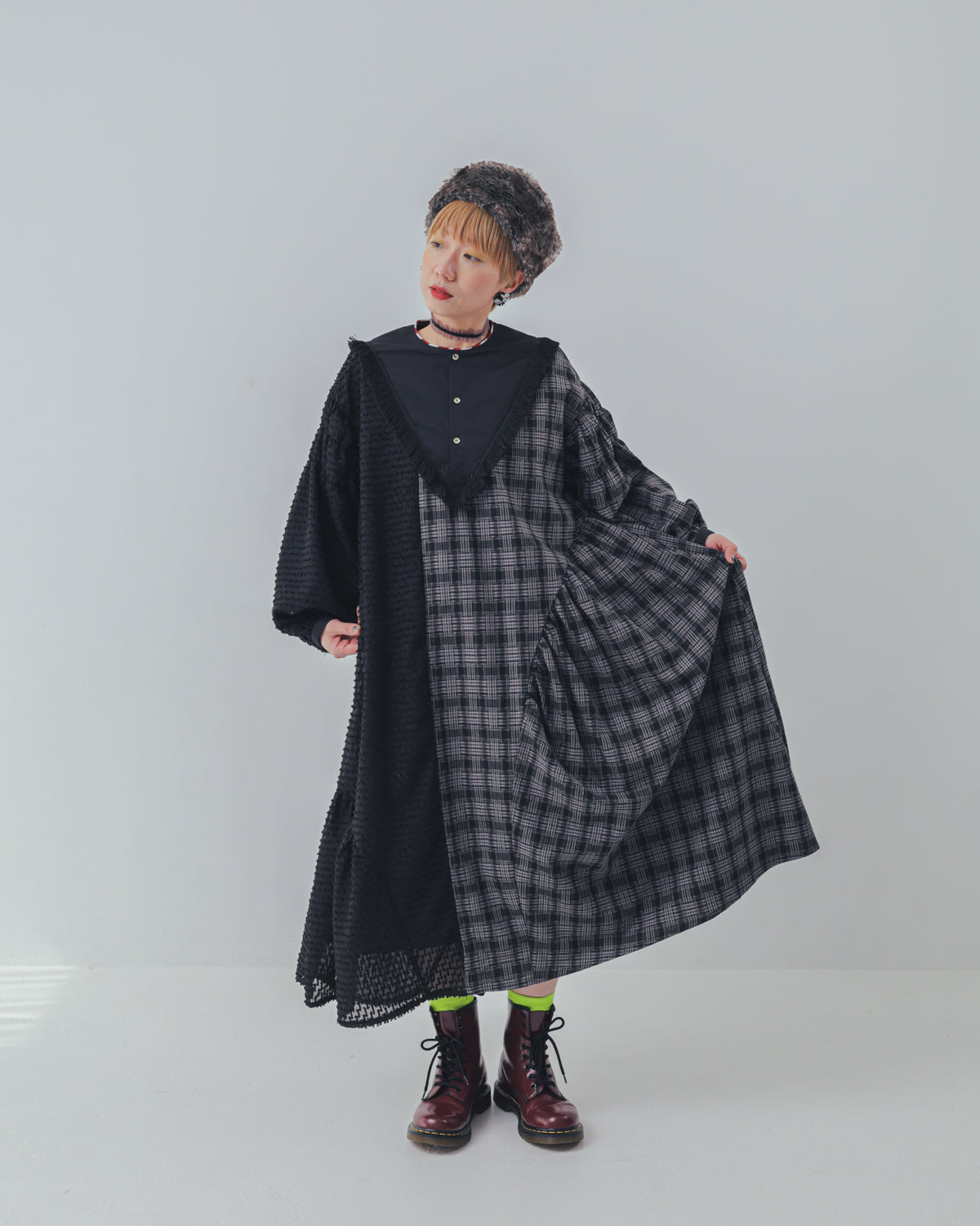 2ピースモノトーンチェック柄ワンピース  ladies [352-0104-2]